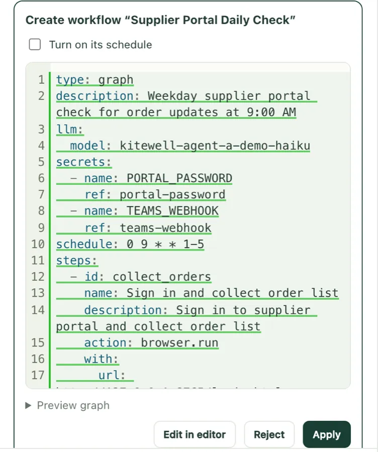 A workflow the assistant proposed, with Edit in editor, Reject, and Apply buttons
