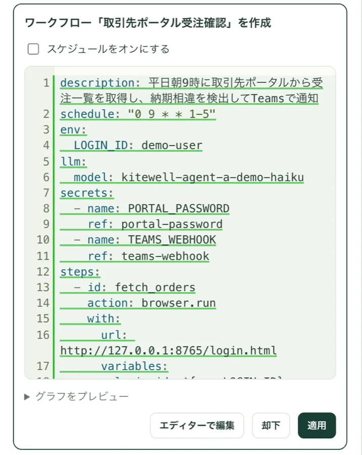 アシスタントが提案したワークフローの内容と、「エディターで編集」「却下」「適用」のボタン